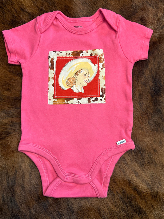 Cowgirl "Ginny," Bright Pink Onesie, Size 12 mon.