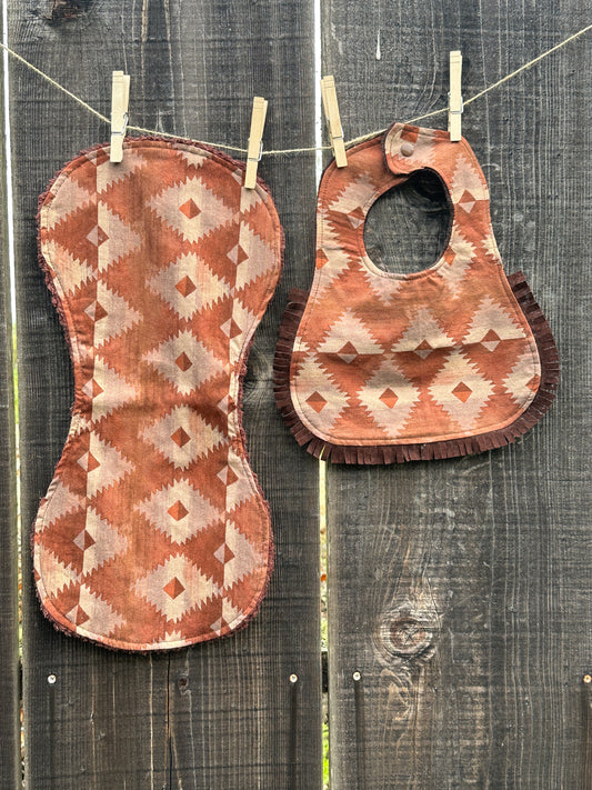 Brown Aztec Classic Buckaroo Baby Bib and Burp Cloth Set